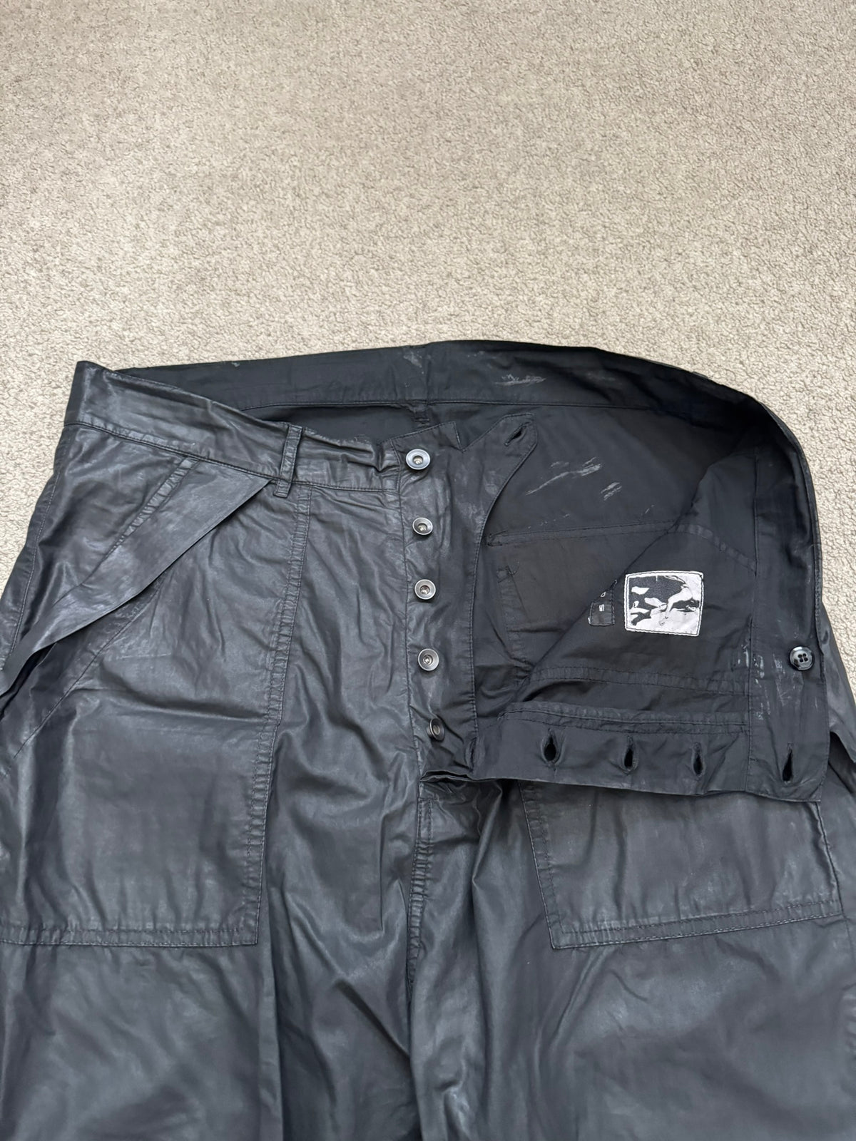 SS15 Rick Owens DRKSHDW Black Waxed Poplin Cargo Pants