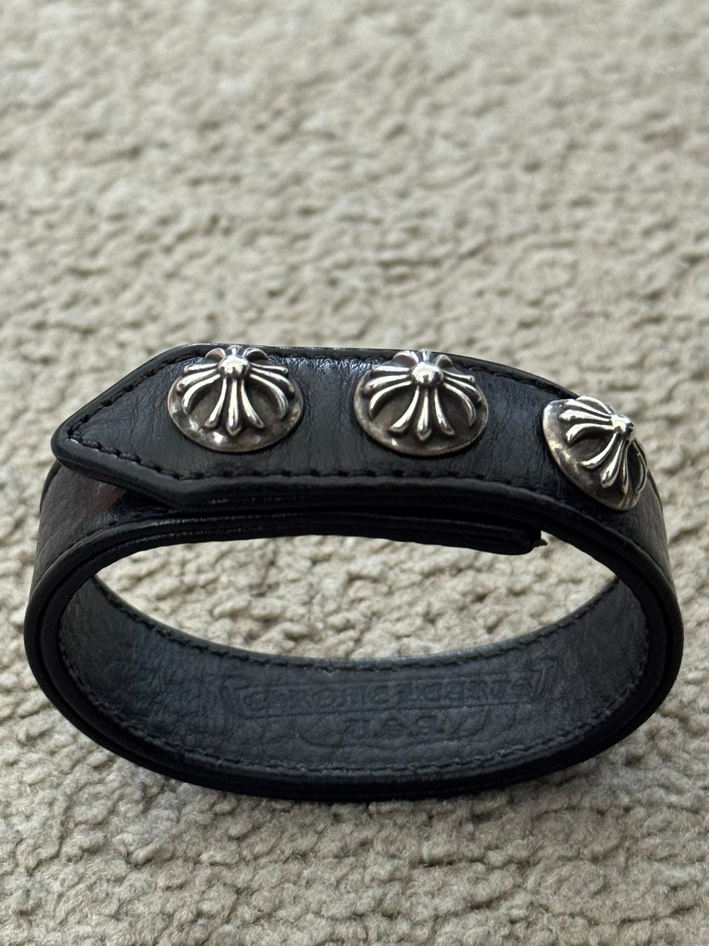 Chrome Hearts 3 Silver Cross Snap Button Black Leather Bracelet