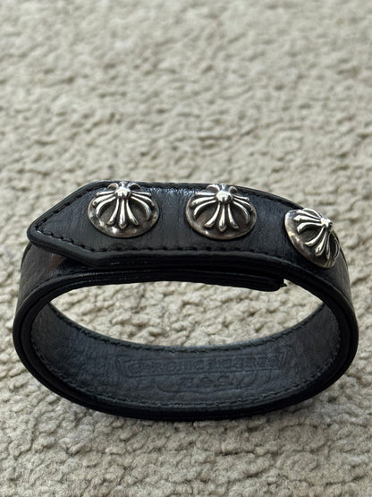 Chrome Hearts 3 Silver Cross Snap Button Black Leather Bracelet