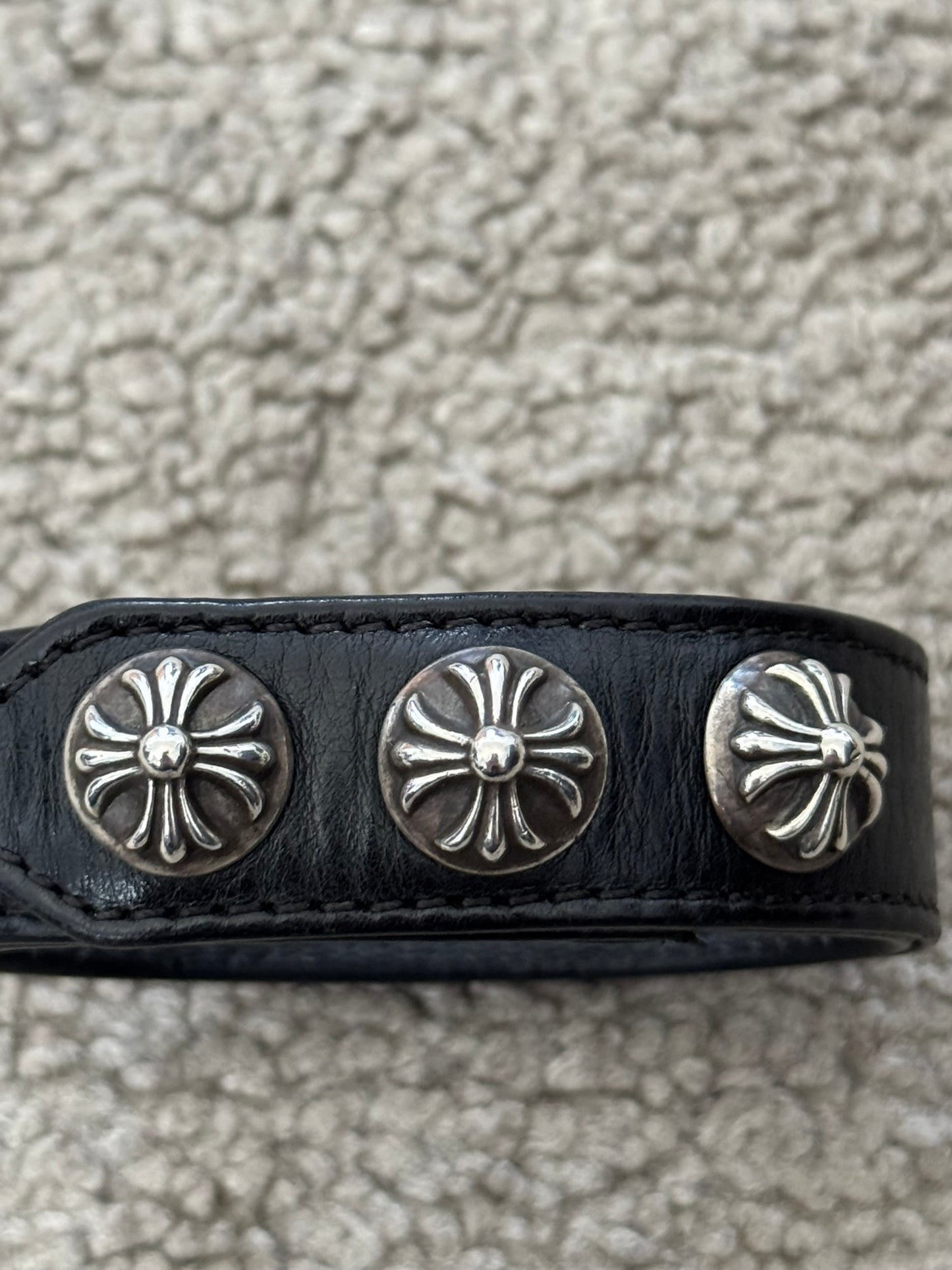 Chrome Hearts 3 Silver Cross Snap Button Black Leather Bracelet