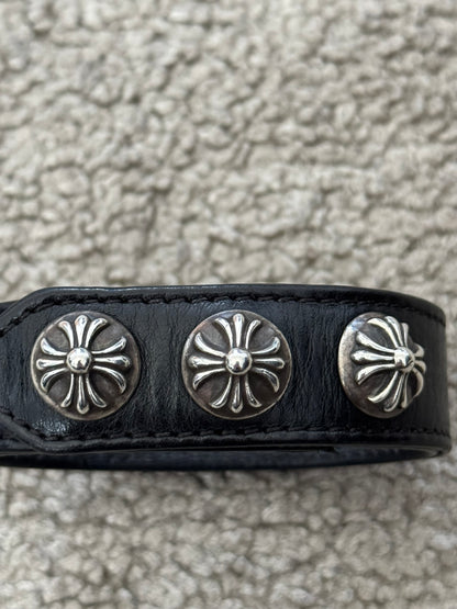 Chrome Hearts 3 Silver Cross Snap Button Black Leather Bracelet
