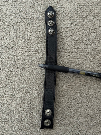 Chrome Hearts 3 Silver Cross Snap Button Black Leather Bracelet