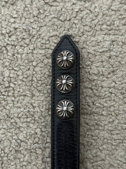 Chrome Hearts 3 Silver Cross Snap Button Black Leather Bracelet