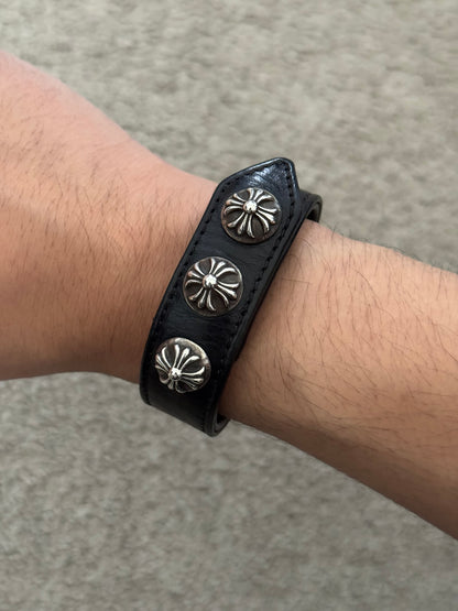 Chrome Hearts 3 Silver Cross Snap Button Black Leather Bracelet