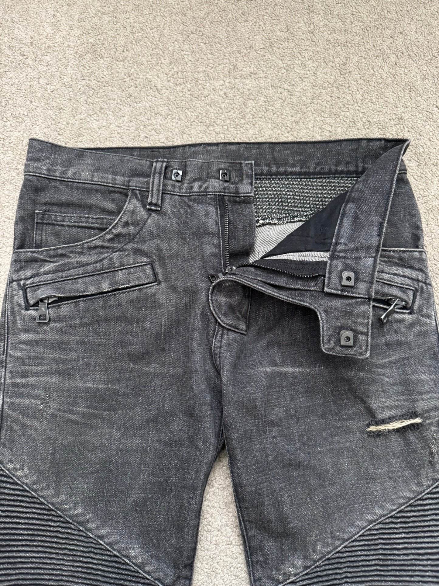 Balmain by Olivier Rousteing Distressed Zip Biker Denim Jeans