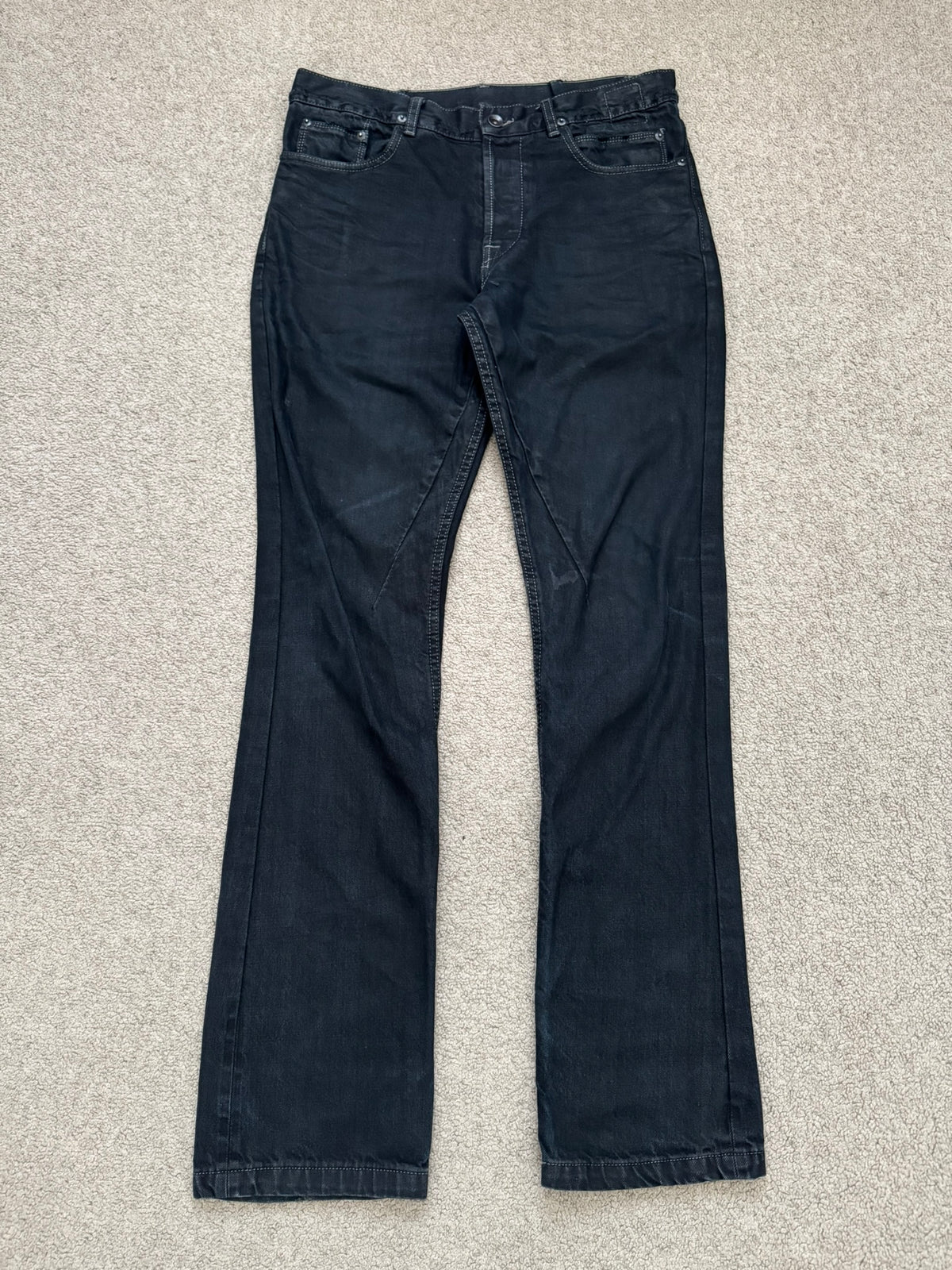 FW12 Rick Owens DRKSHDW Black Waxed Selvedge Berlin Cut Denim Jeans