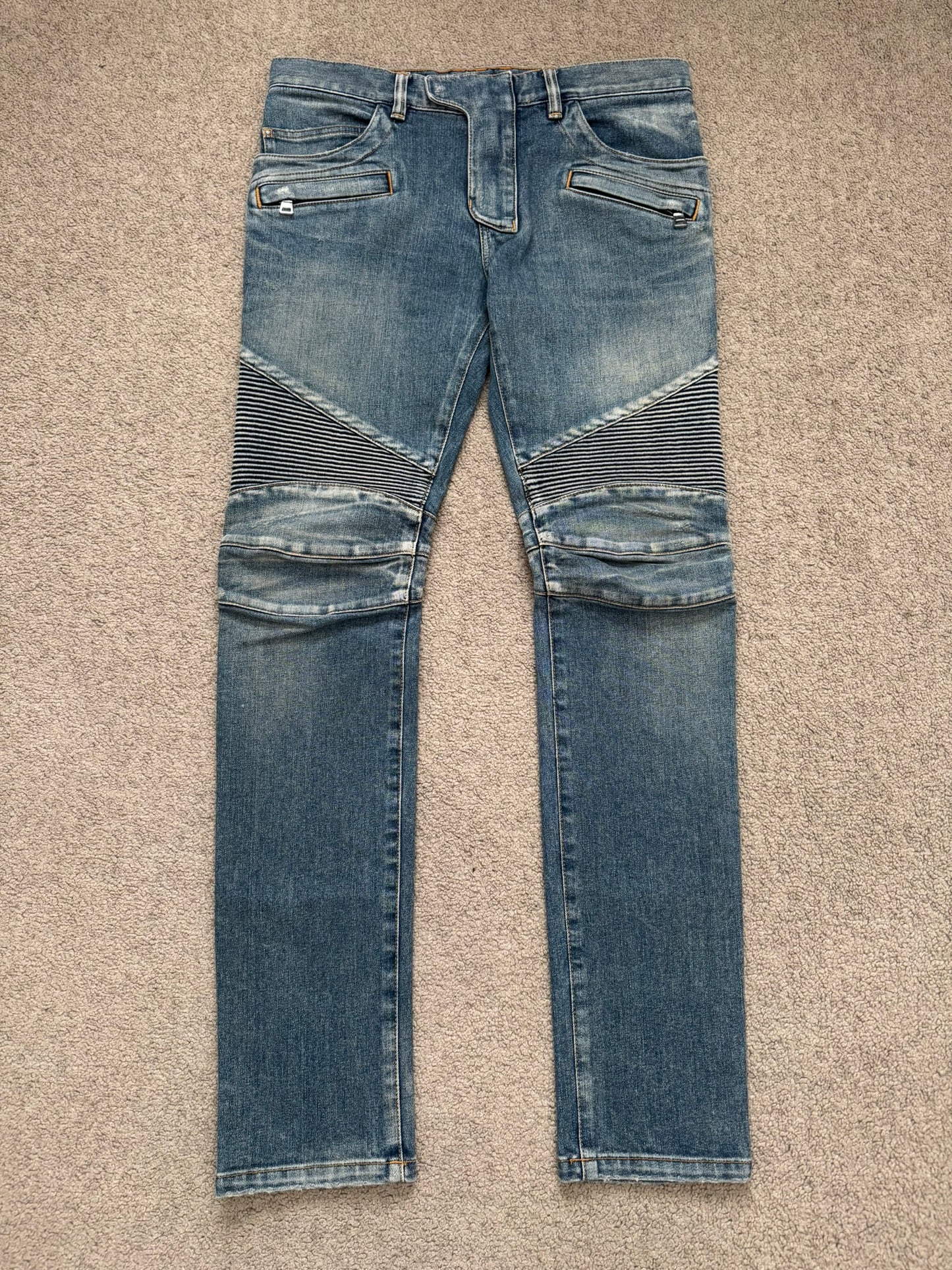 SS14 Balmain by Olivier Rousteing Washed Zip Biker Denim Jeans