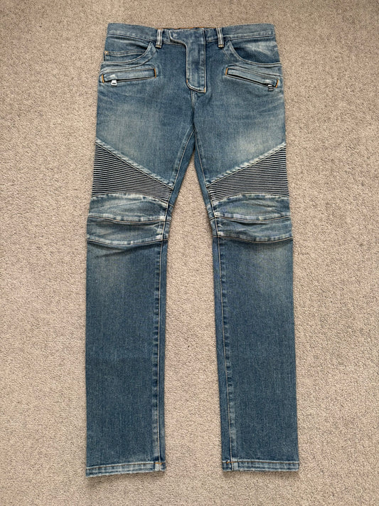 SS14 Balmain by Olivier Rousteing Washed Zip Biker Denim Jeans