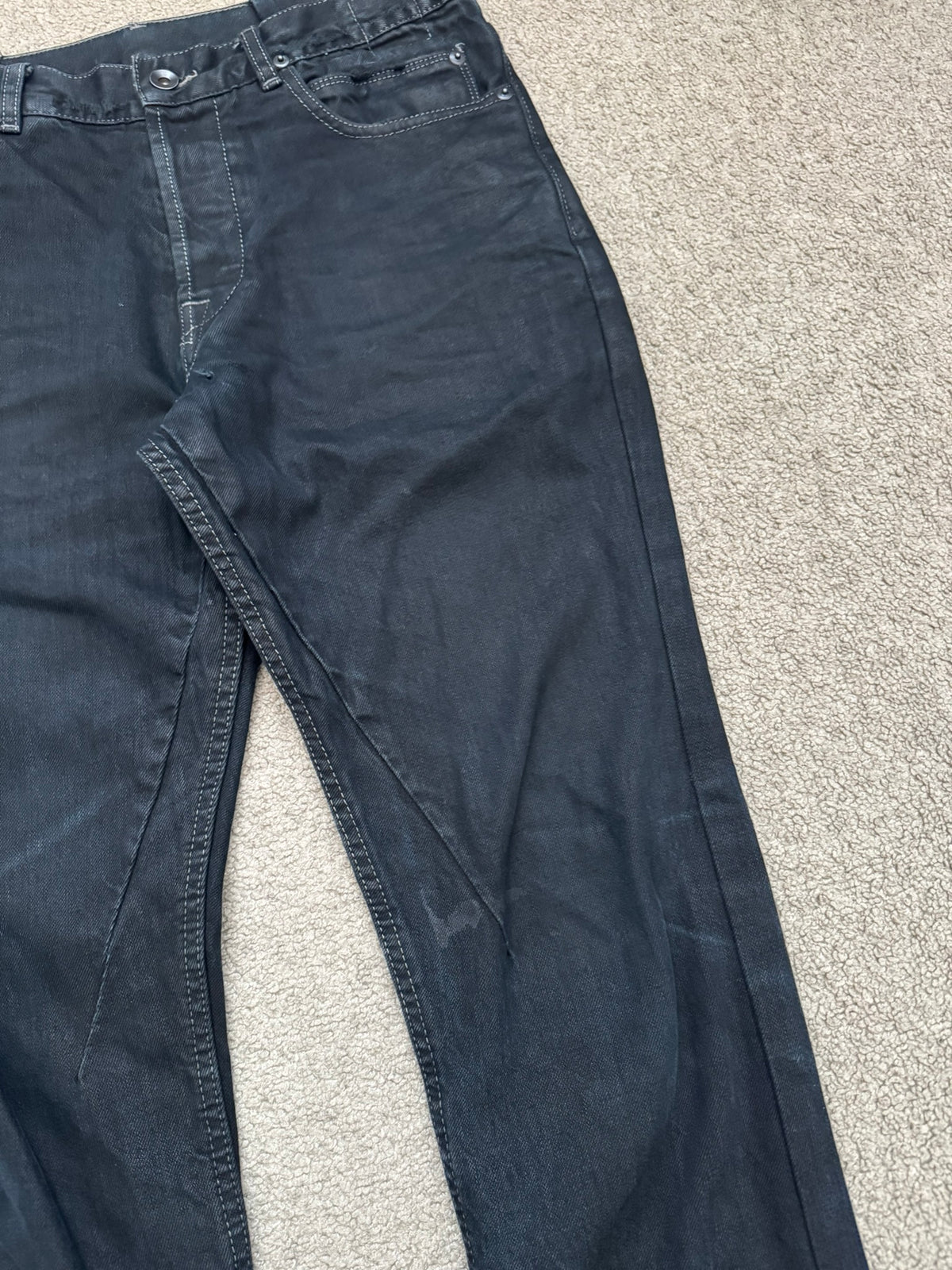 FW12 Rick Owens DRKSHDW Black Waxed Selvedge Berlin Cut Denim Jeans