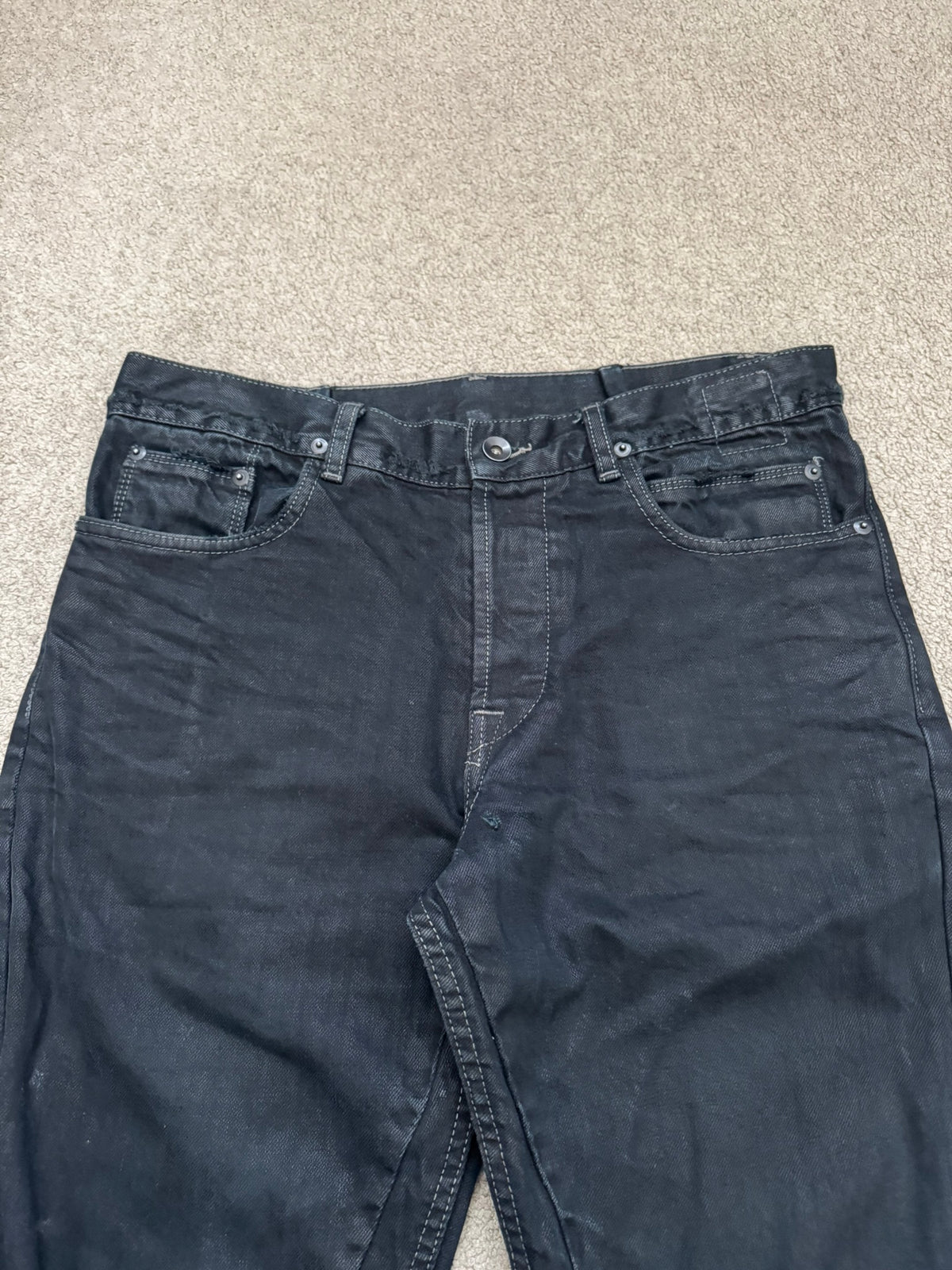 FW12 Rick Owens DRKSHDW Black Waxed Selvedge Berlin Cut Denim Jeans