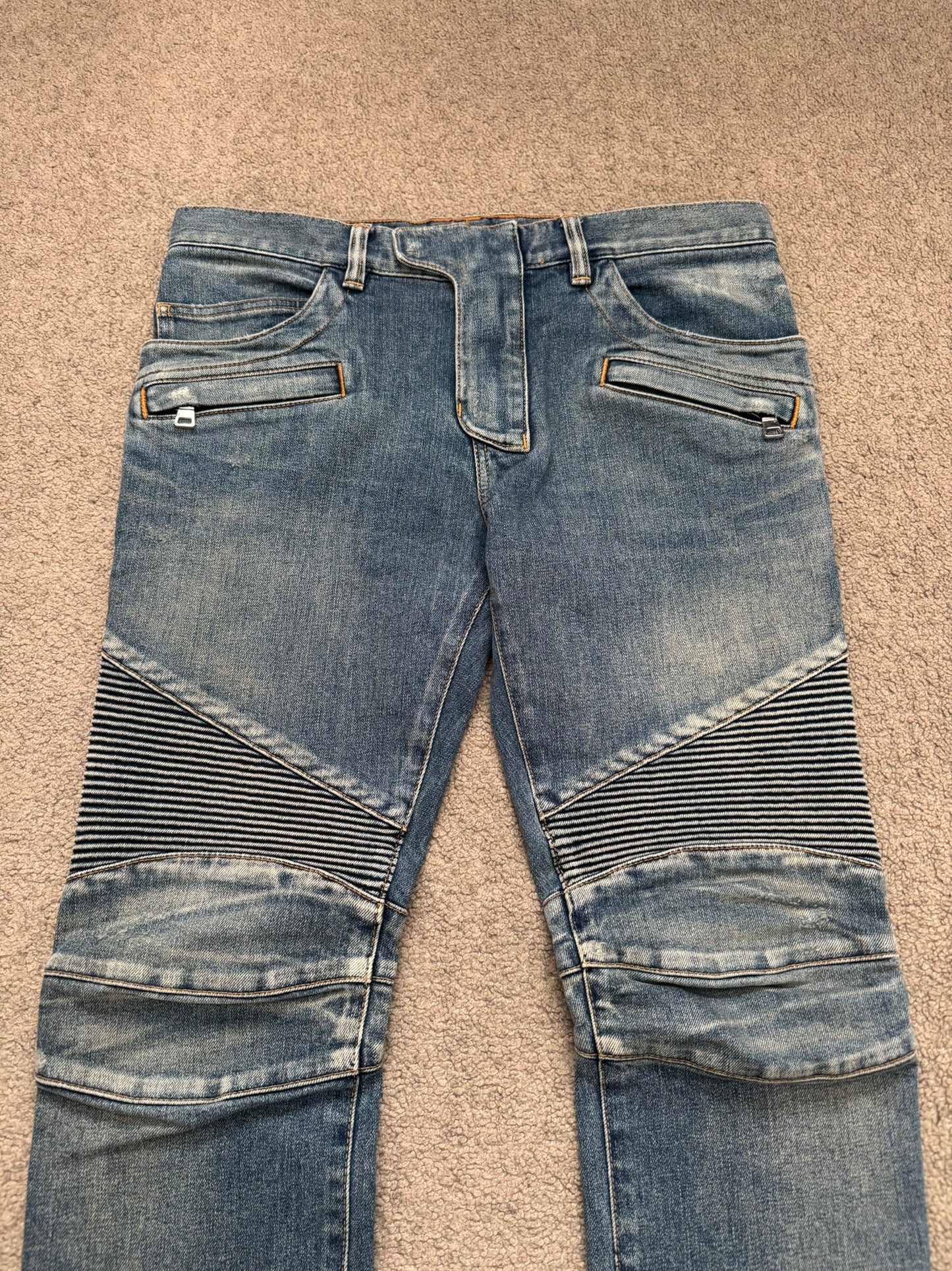 SS14 Balmain by Olivier Rousteing Washed Zip Biker Denim Jeans