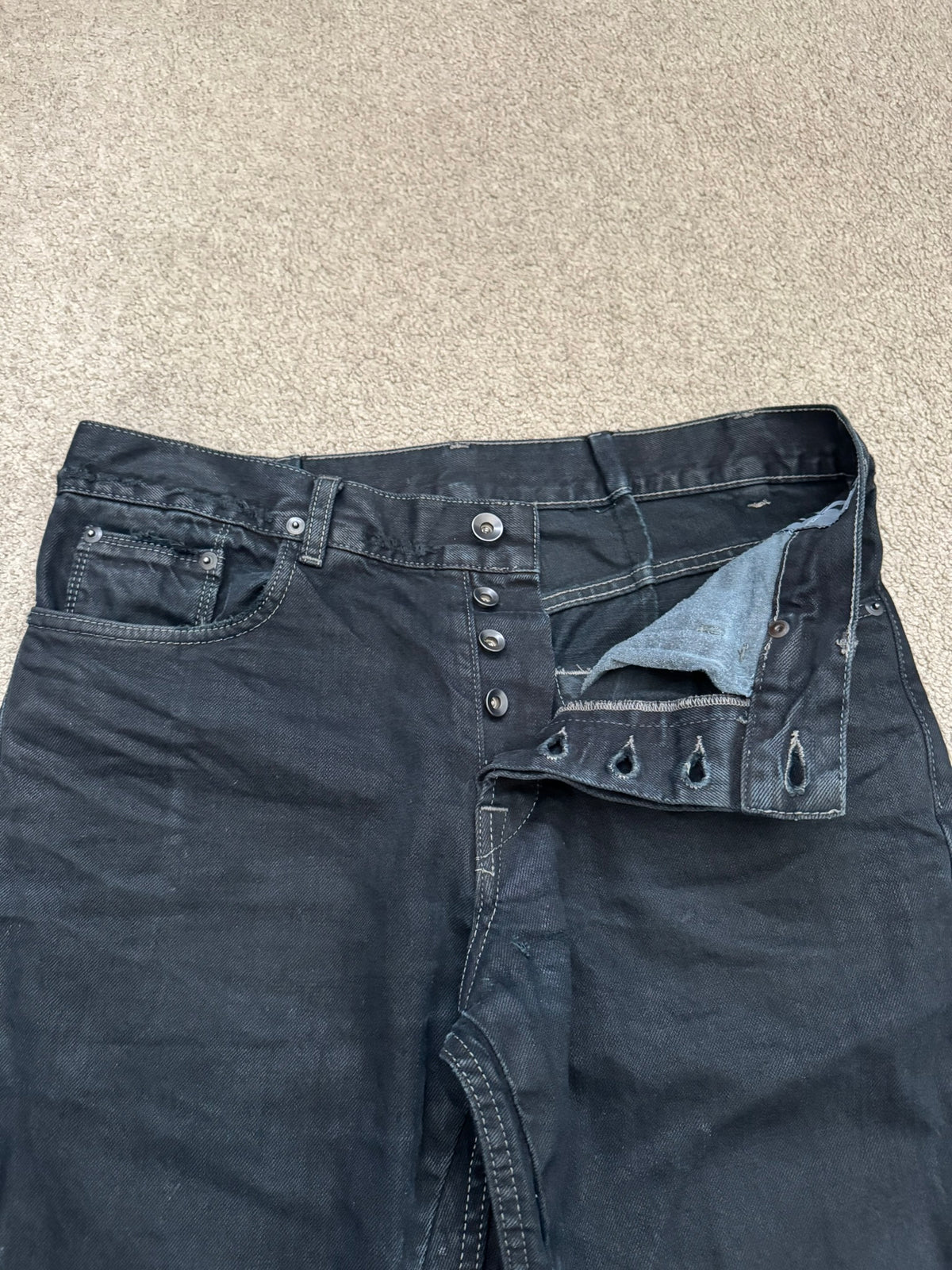 FW12 Rick Owens DRKSHDW Black Waxed Selvedge Berlin Cut Denim Jeans