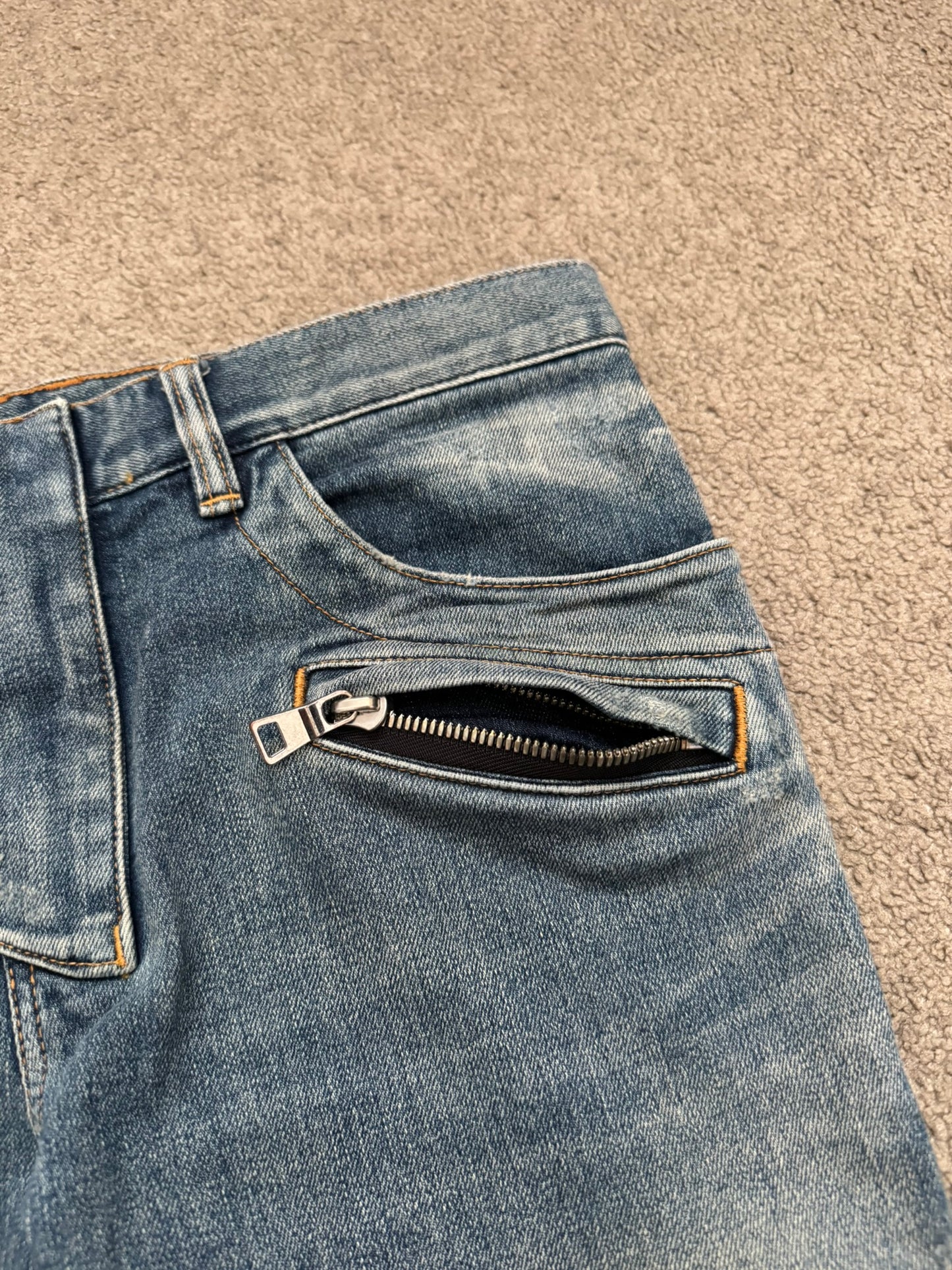 SS14 Balmain by Olivier Rousteing Washed Zip Biker Denim Jeans