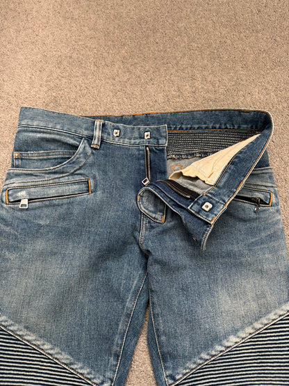 SS14 Balmain by Olivier Rousteing Washed Zip Biker Denim Jeans