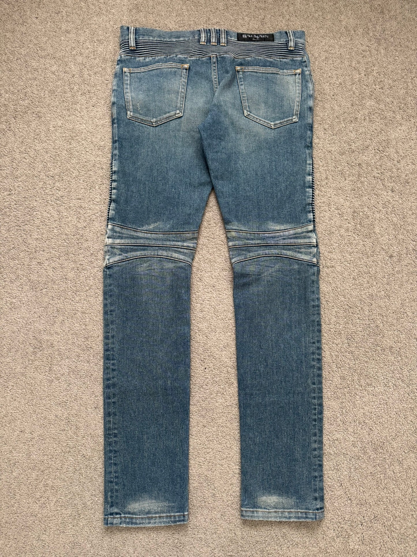 SS14 Balmain by Olivier Rousteing Washed Zip Biker Denim Jeans