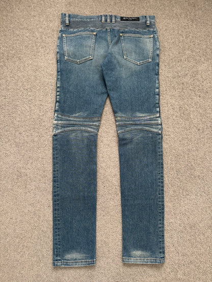 SS14 Balmain by Olivier Rousteing Washed Zip Biker Denim Jeans