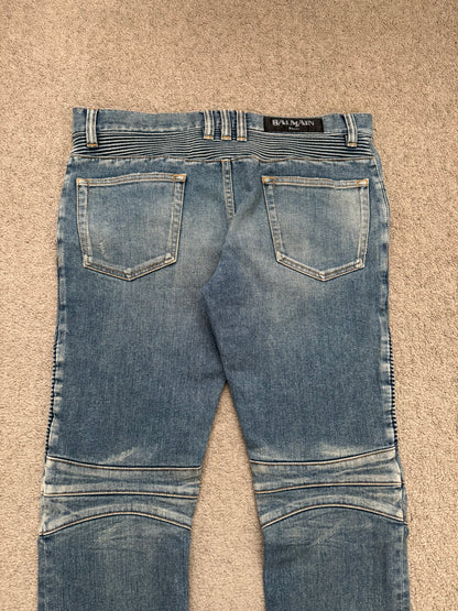 SS14 Balmain by Olivier Rousteing Washed Zip Biker Denim Jeans