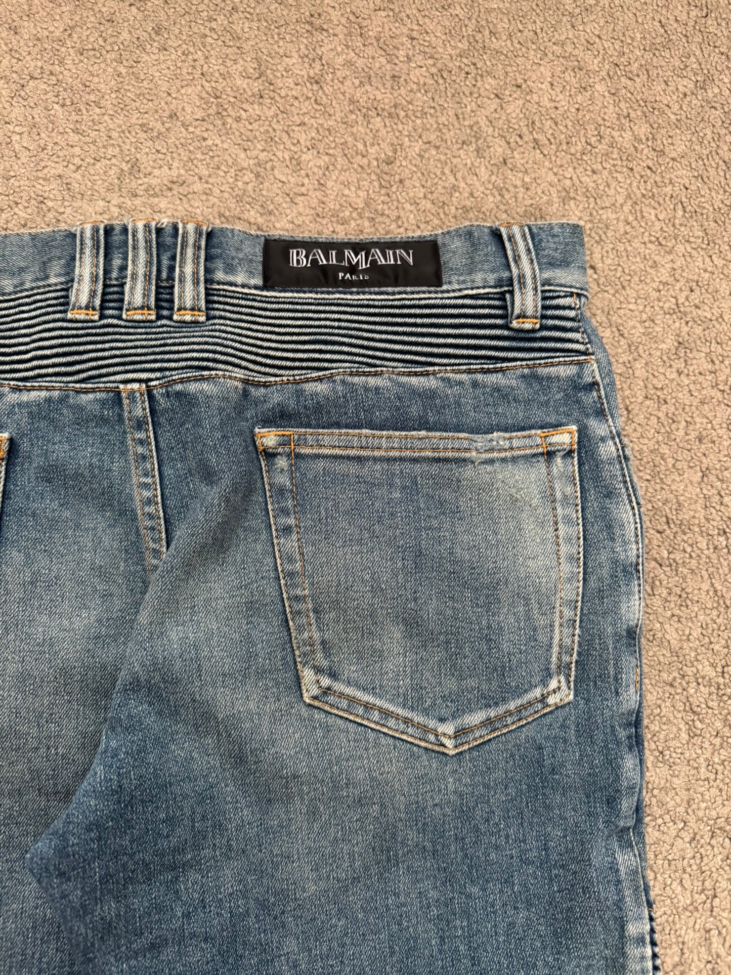 SS14 Balmain by Olivier Rousteing Washed Zip Biker Denim Jeans