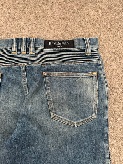 SS14 Balmain by Olivier Rousteing Washed Zip Biker Denim Jeans