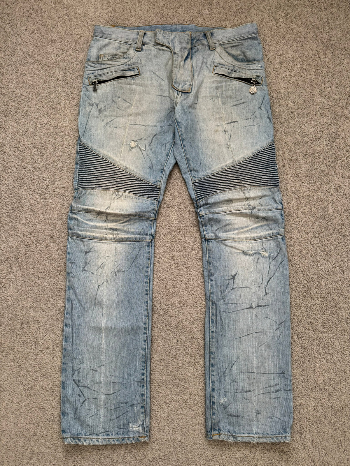 SS11 Balmain by Christophe Decarnin Eagle Coin Light Wash Biker Denim Jeans