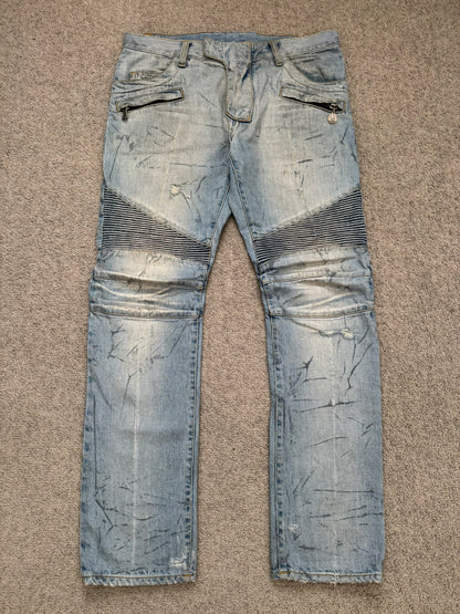 SS11 Balmain by Christophe Decarnin Eagle Coin Light Wash Biker Denim Jeans