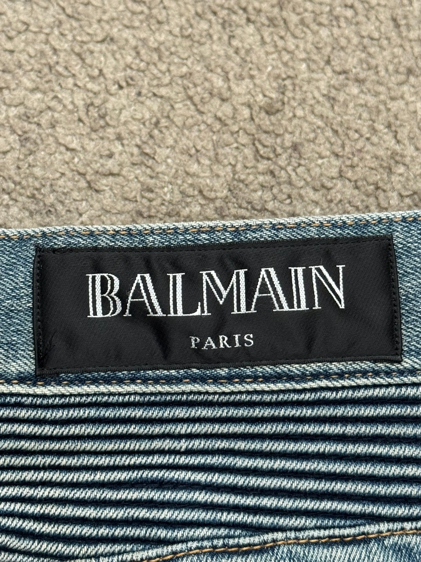 SS14 Balmain by Olivier Rousteing Washed Zip Biker Denim Jeans
