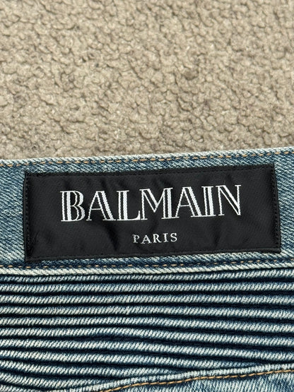 SS14 Balmain by Olivier Rousteing Washed Zip Biker Denim Jeans