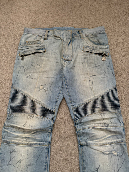 SS11 Balmain by Christophe Decarnin Eagle Coin Light Wash Biker Denim Jeans