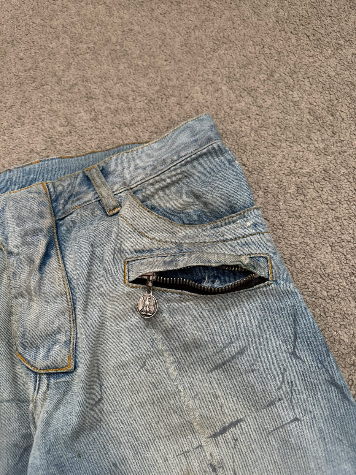 SS11 Balmain by Christophe Decarnin Eagle Coin Light Wash Biker Denim Jeans