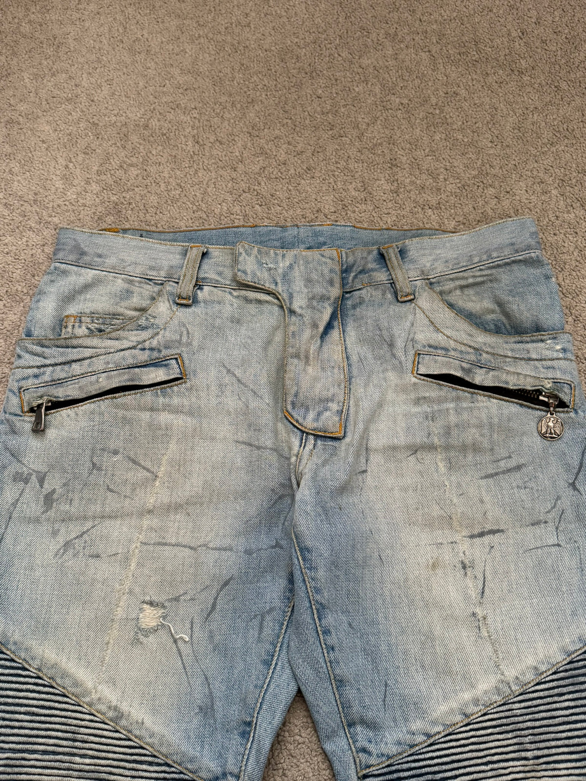 SS11 Balmain by Christophe Decarnin Eagle Coin Light Wash Biker Denim Jeans