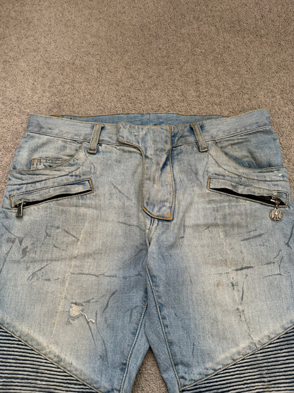 SS11 Balmain by Christophe Decarnin Eagle Coin Light Wash Biker Denim Jeans