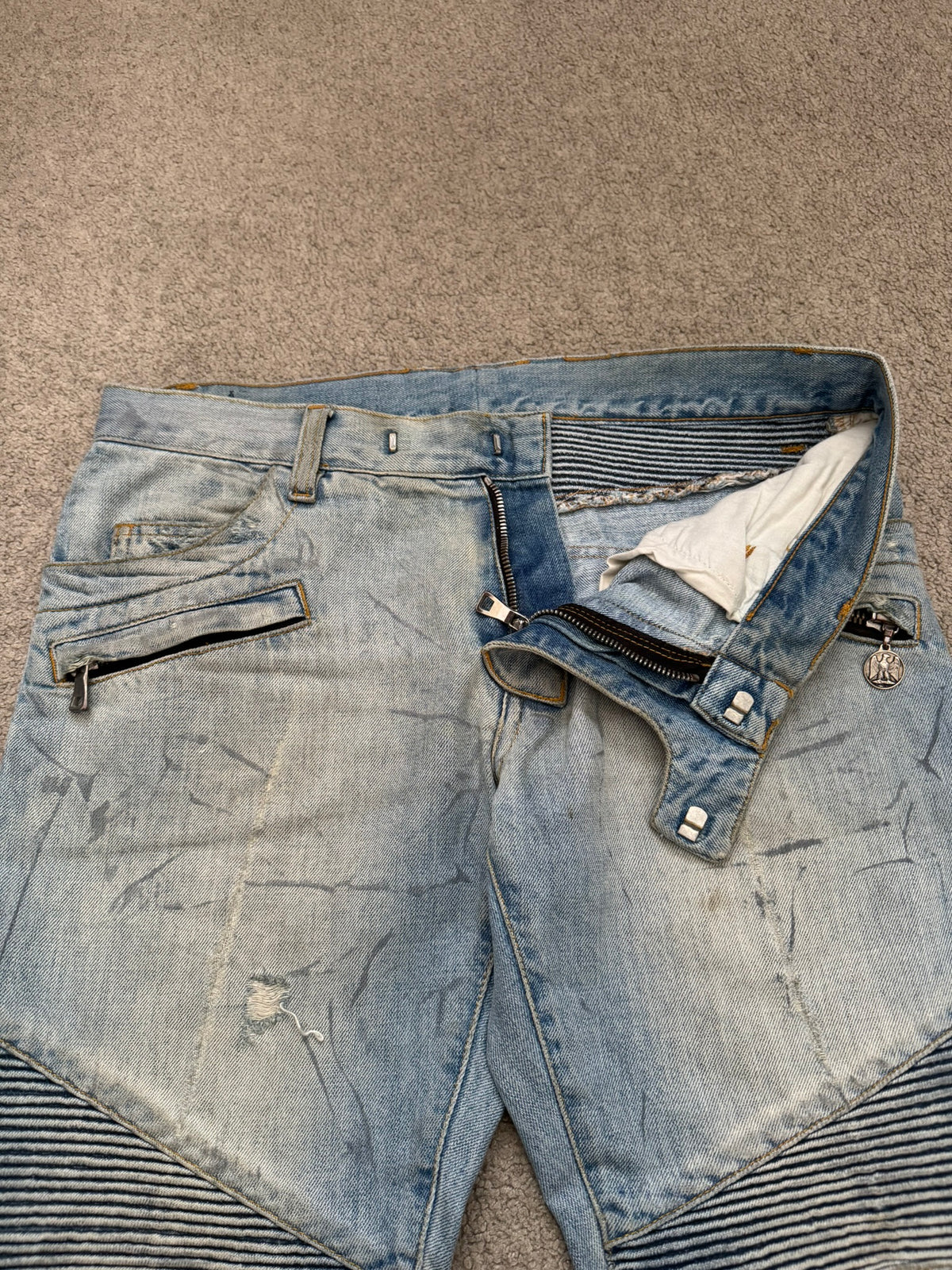 SS11 Balmain by Christophe Decarnin Eagle Coin Light Wash Biker Denim Jeans