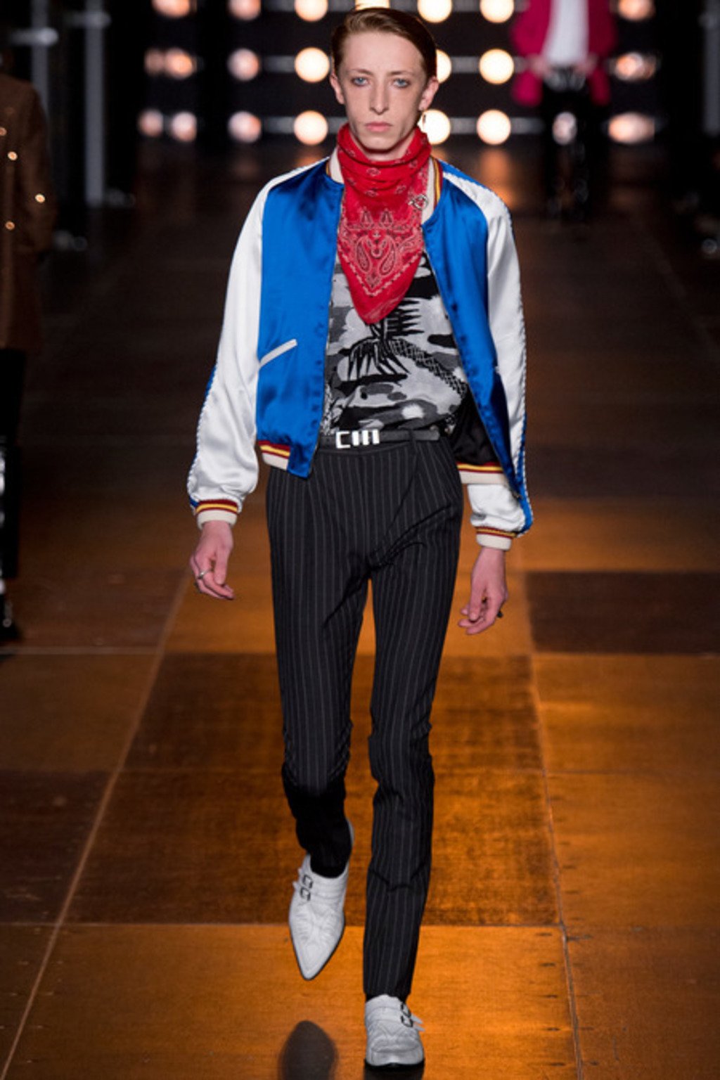 SS14 Saint Laurent by Hedi Slimane Blue & White Satin Teddy Varsity Jacket