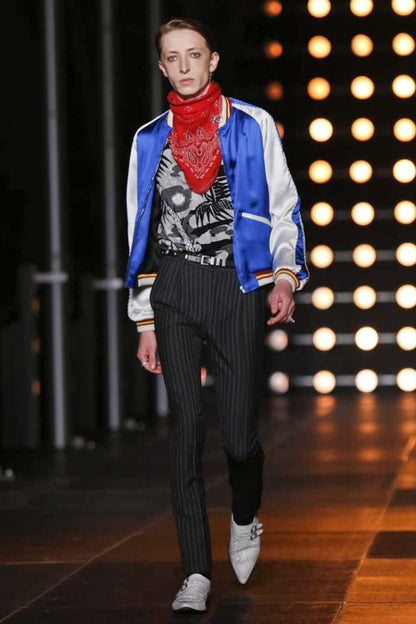 SS14 Saint Laurent by Hedi Slimane Blue & White Satin Teddy Varsity Jacket